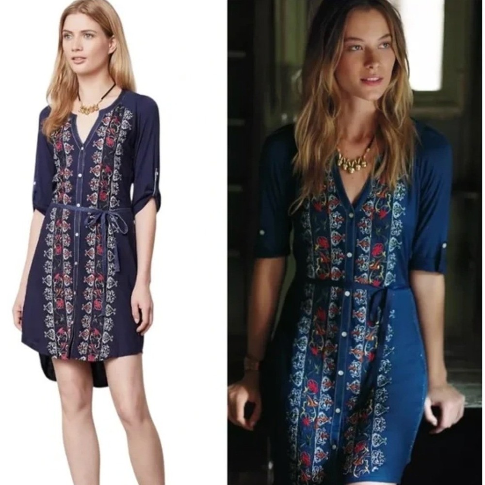 Anthropologie‎ TINY Dress Womens XS Blue Embroidered Blue Plein Air Boho